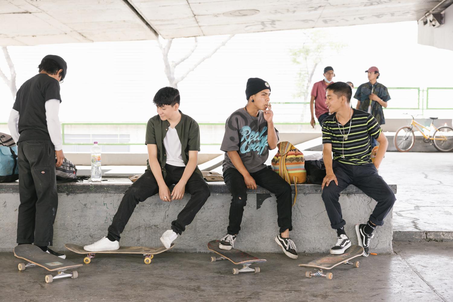 Mexico City, Mexico. January 8, 2021. Skateboarders hang out at Skatepark San Cosme in Mexico...