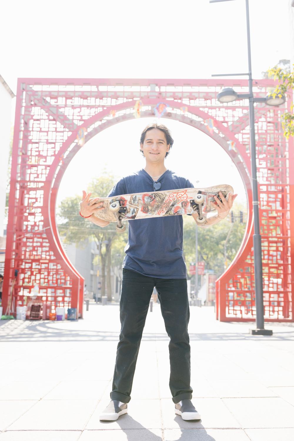Mexico City, Mexico. January 9, 2021. Oscar Meza, a pro skateboarder and Olympic qualifier, poses...