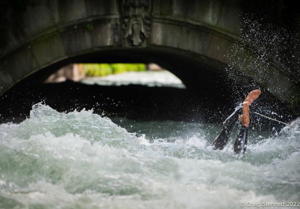 MUNICH, GERMANY - JUNE 15: Surfing the &#39;Standing Wave&#39; of the Eisbachwelle in Munich, Bavaria is not always successful as this surfer found out in 2019. The Eisbach (Ice Brook) is a 2 kilometer man made river which is a canal tributary from Bavaria&lsquo;s Isar River. The narrow channel effect of the canal produces 8 tons of water per second rushing through the middle of Munich&lsquo;s Englischer Garten, a public park, and is the hub of the land locked city&rsquo;s surf scene. The river, following enhancement from local surfers, produces a standing wave called the Eisbachwelle (Ice Brook Wave). It has been surfed in the city since the early 1970&rsquo;s. Munich now claims to be home to some 2000 full time surfers.(Photo by Craig Stennett/Getty Images)