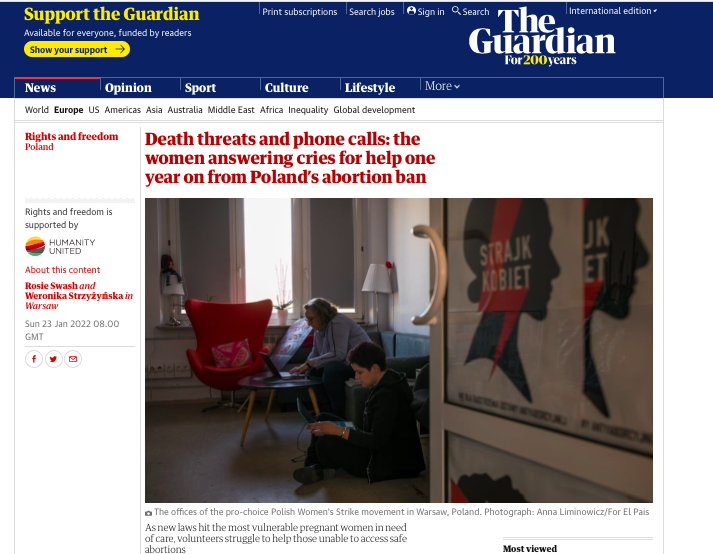 The Guardian: Death threats and phone calls: the women answering cries for help one year on from Poland's abortion ban