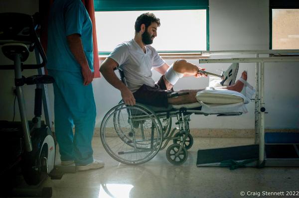 AMMAN, JORDAN-JANUARY 13: Syrian civil war refugee Moayed Srour undergoing physiotherapy at MSF&#39;s (M&eacute;decins Sans Fronti&egrave;res/Doctors Without Borders) Hopsital for Reconstructive Surgery in Amman, Jordan on January 13th, 2016. MSF opened the Al Mowasah Hospital in Tirmizi Street, Amman on the 8th September 2015. It is the first fully-fledged medical facility devoted solely to reconstructive surgery, physiotherapy and psychological support for victims of war. The Hospital is unique in offering a comprehensive care package free for its patients. It is the societies biggest single annual financial commitment with an expense of approximately &pound;7.5 million per year (2016) and a departure from its classical solely disaster response role towards one that offers &quot;rebuilding lives&quot;. (Photo by Craig Stennett/Getty Images)