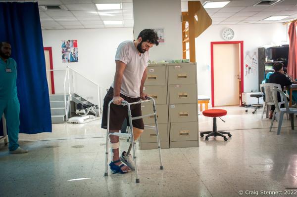 AMMAN, JORDAN-JANUARY 13: Syrian civil war refugee Moayed Srour undergoing physiotherapy at MSF&#39;s (M&eacute;decins Sans Fronti&egrave;res/Doctors Without Borders) Hospital for Reconstructive Surgery in Amman, Jordan on January 13th, 2016. MSF opened the Al Mowasah Hospital in Tirmizi Street, Amman on the 8th September 2015. It is the first fully-fledged medical facility devoted solely to reconstructive surgery, physiotherapy and psychological support for victims of war. The Hospital is unique in offering a comprehensive care package free for its patients. It is the societies biggest single annual financial commitment with an expense of approximately &pound;7.5 million per year (2016) and a departure from its classical solely disaster response role towards one that offers &quot;rebuilding lives&quot;. (Photo by Craig Stennett/Getty Images)