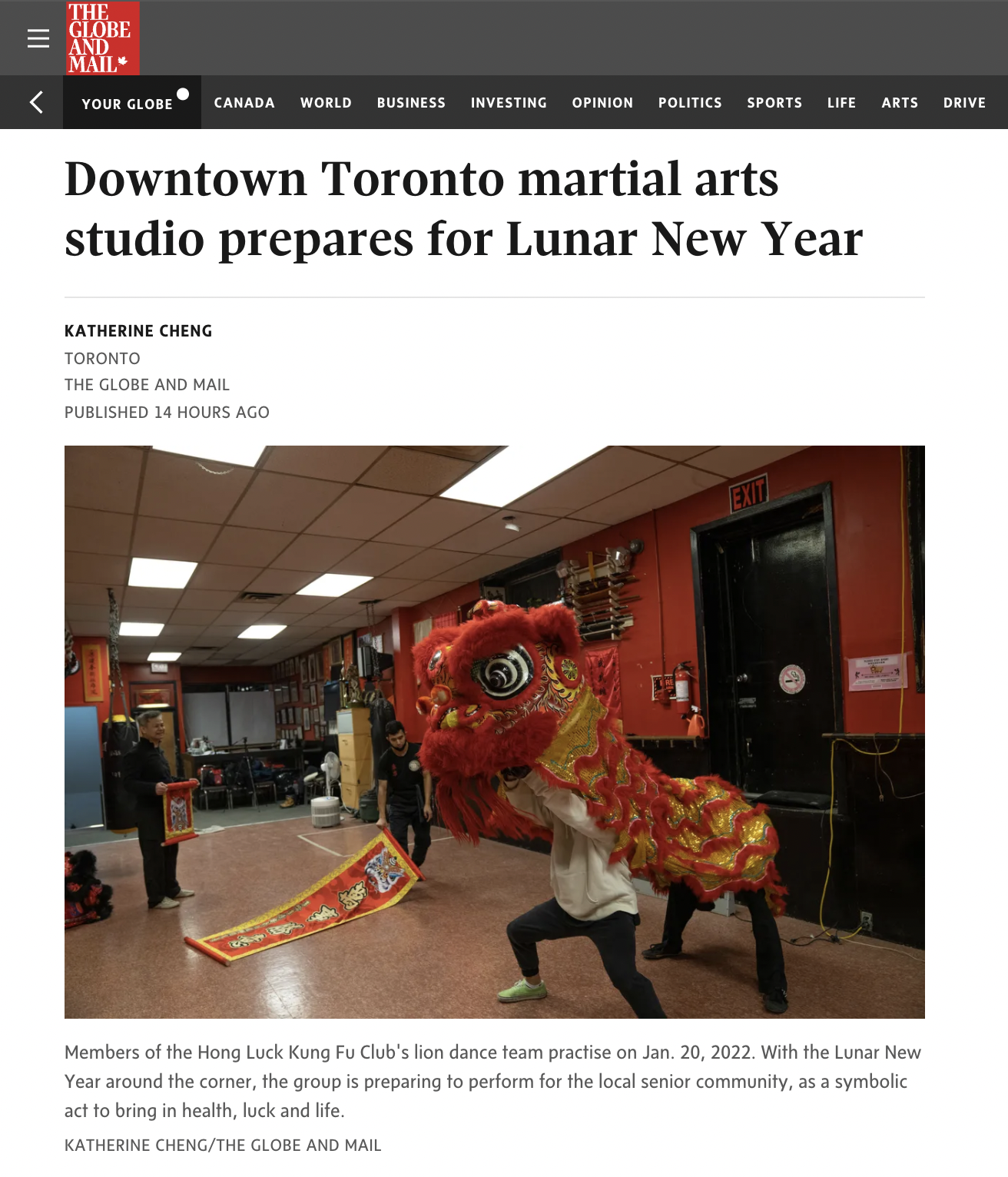 Image from TEARSHEET -  [Globe and Mail] Hong Luck Kung Fu Club 