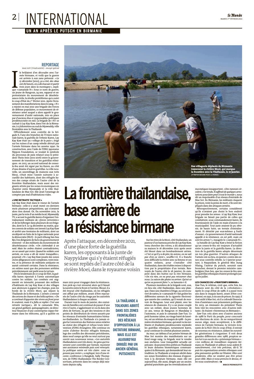LE MONDE The Thai Border, Rear Base of Burmese Resistance. Published On February 1, 2022.