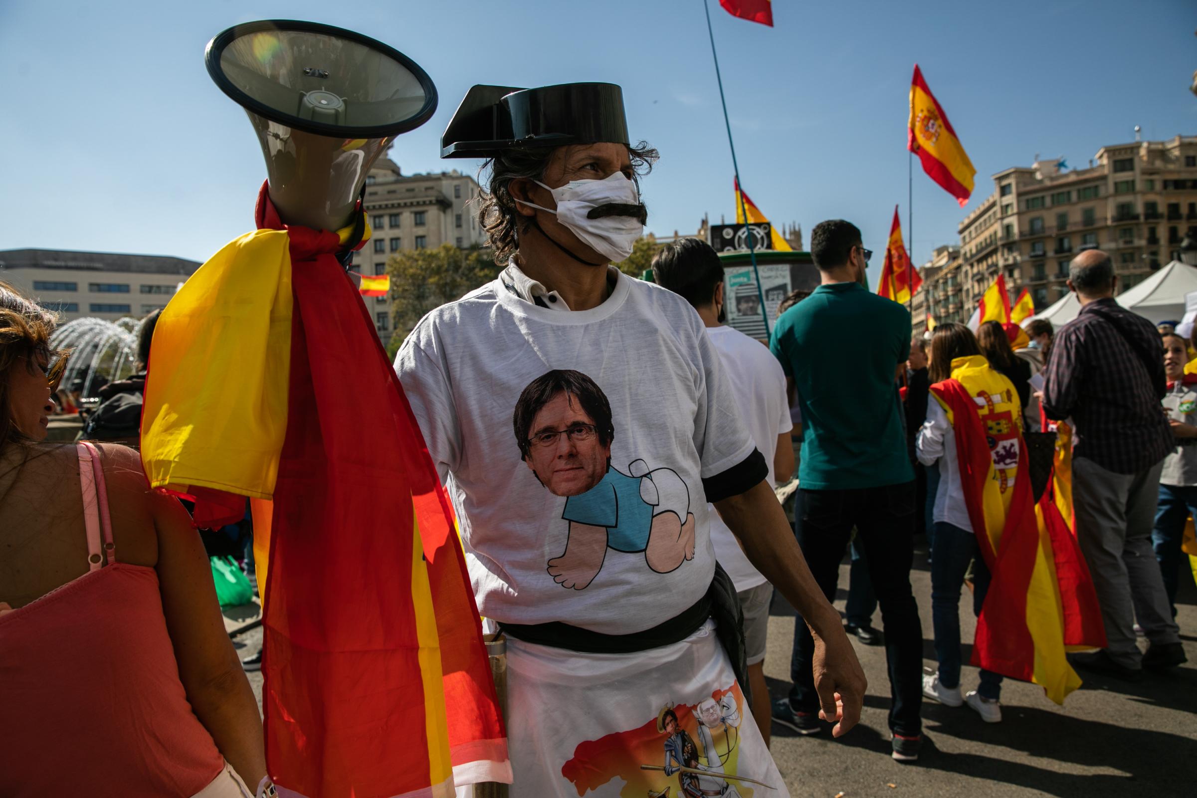 Spain's National Day Overshadowed By Colonialist Past  - BARCELONA, SPAIN - OCTOBER 12: A man dresses up as Tejero...