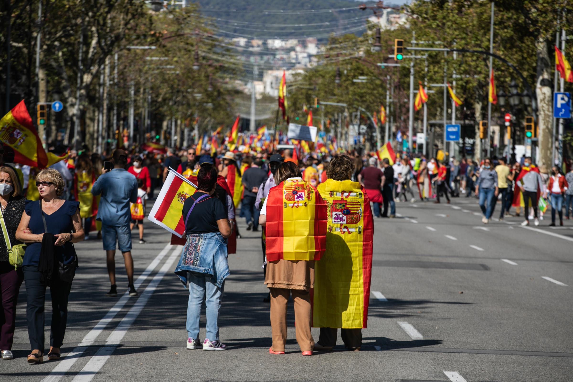 Spain's National Day Overshadowed By Colonialist Past  - BARCELONA, SPAIN - OCTOBER 12: A group of demonstrators...