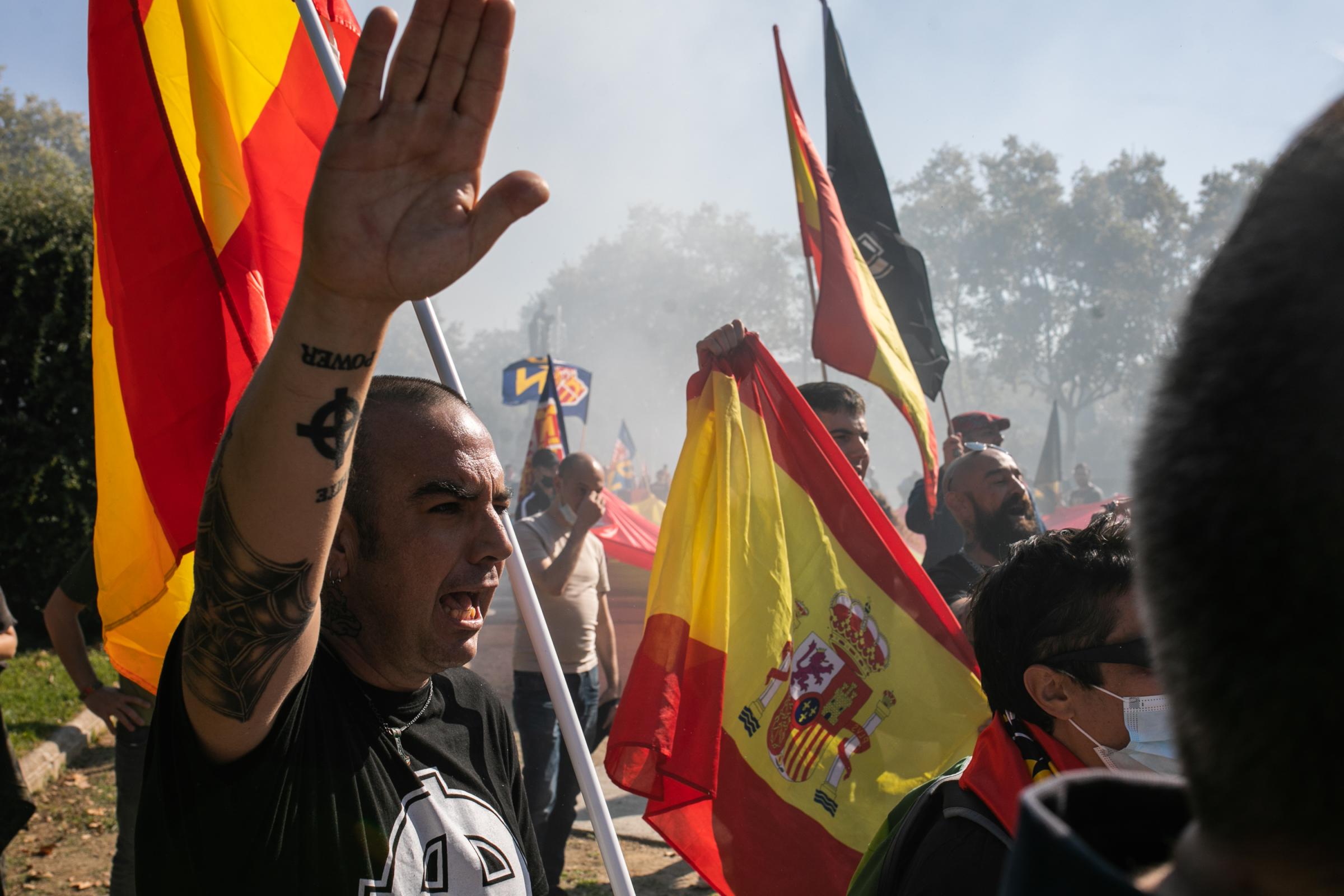 Spain's National Day Overshadowed By Colonialist Past  - BARCELONA, SPAIN - OCTOBER 12: Right-wing extremist...
