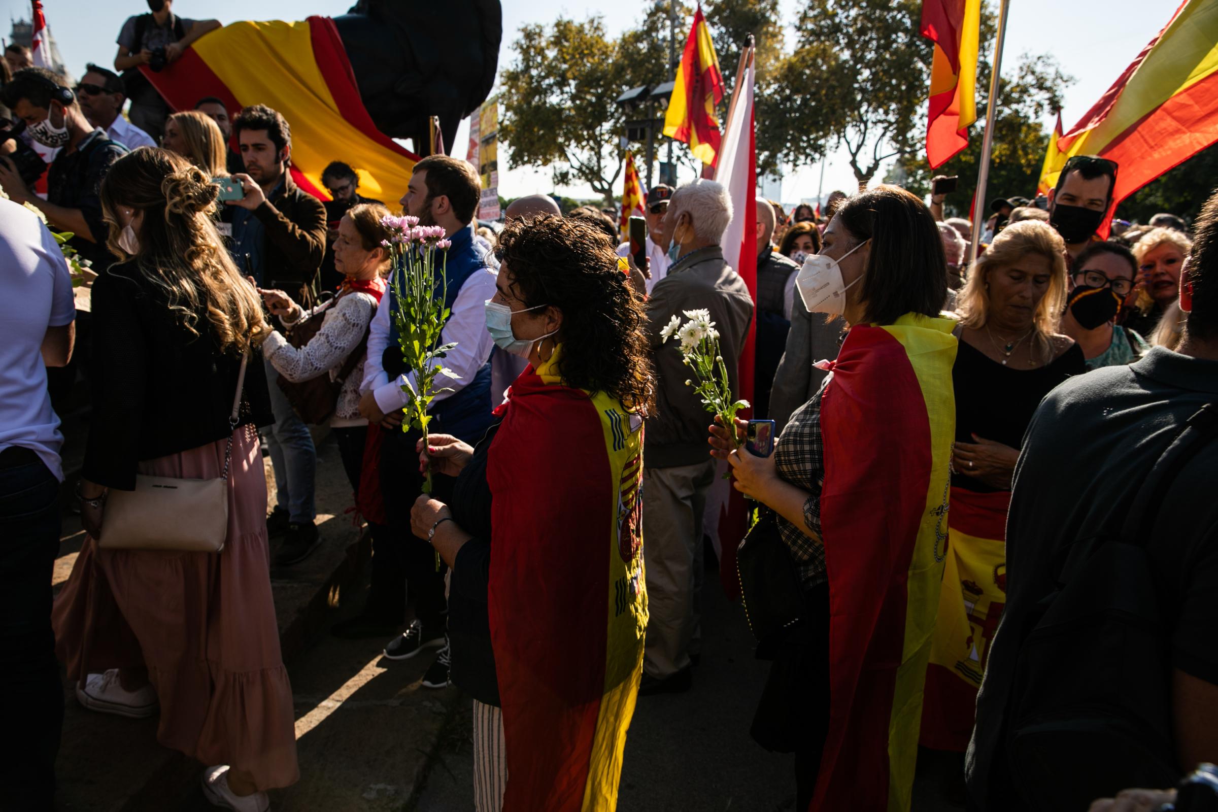 Spain's National Day Overshadowed By Colonialist Past  - BARCELONA, SPAIN - OCTOBER 12: Some 200 people attended...