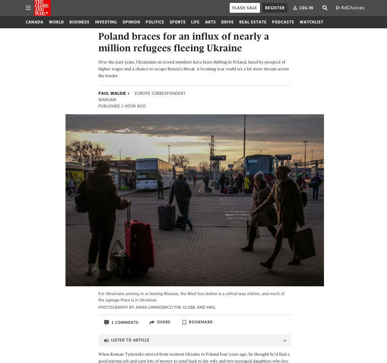The Global and Mail: Poland braces for an influx of nearly a million refugees fleeing Ukraine