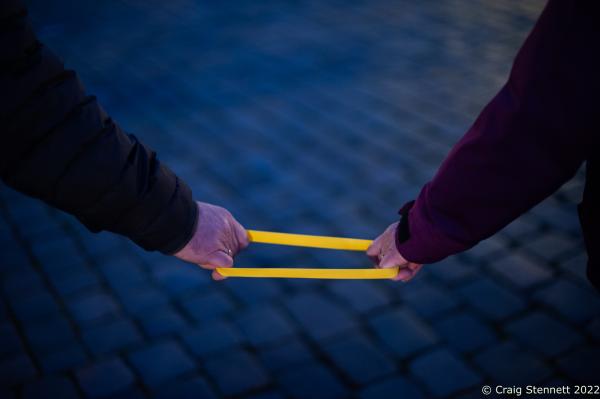 DRESDEN, GERMANY-FEBRUARY 13: People gathered to make the human chain of rememberance outside the Frauenkirche in the Altmarkt in Dresden, Saxony, Germany on the 13th of February 2022. Today is the 77th anniversary of the Allied bombing of the city during the Second World War and 3000 people gathered to make a spacially distanced Corona safe act of rememberance by forming a human chain from Dresden Altmarkt via Wilsdruffer Strasse to the Neumarkt.(Photo by Craig Stennett/Getty Images)