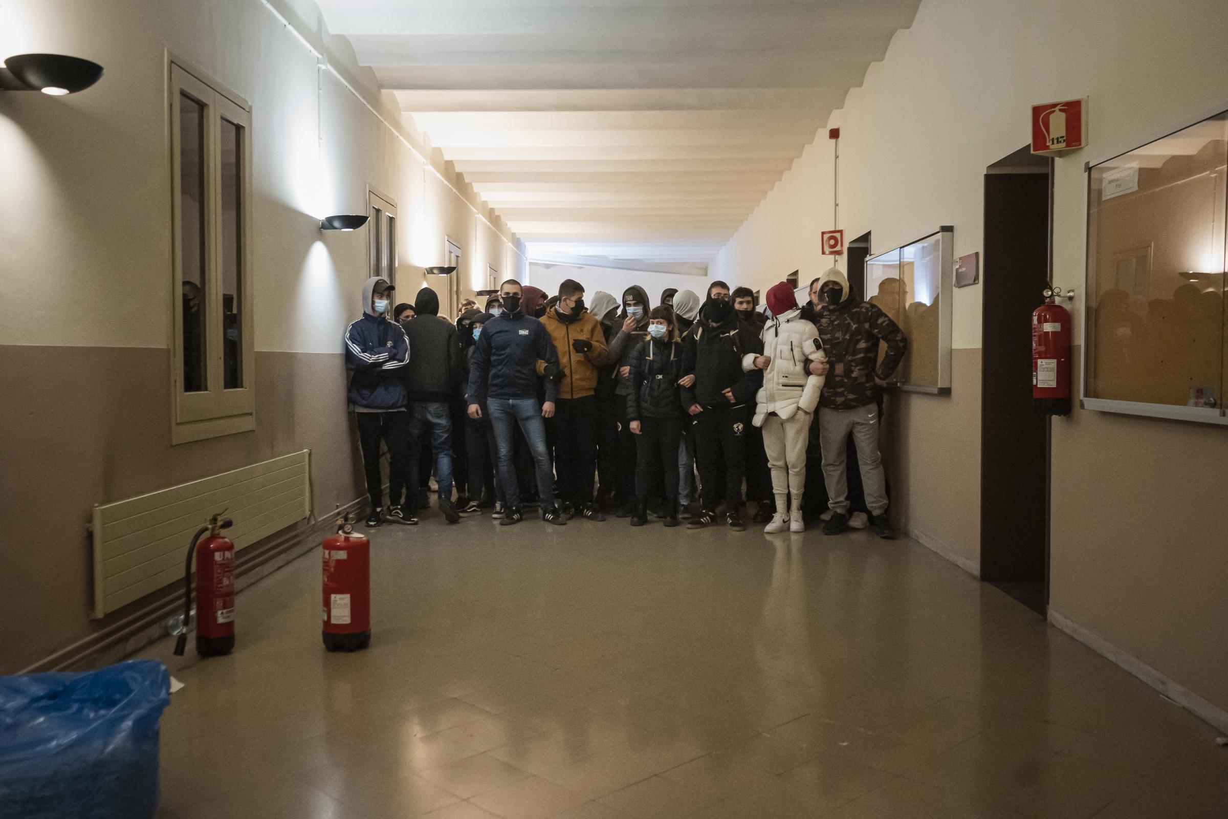 Activists in support of the rapper Pablo Hasel form a human chain at the University of Lleida, to...