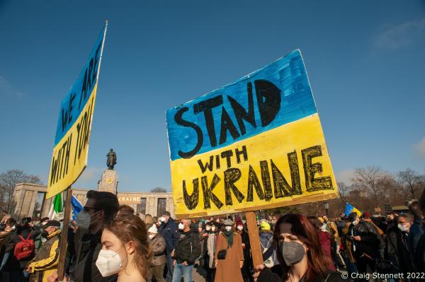 Image from Stop the War in Ukraine Demonstration-Berlin, Germany- Getty Images - BERLIN,GERMANY-FEBRUARY 27: Domonstrators infront of the...