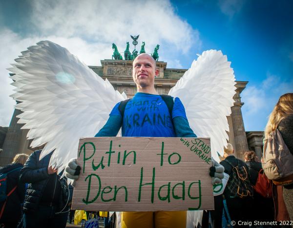 BERLIN,GERMANY-FEBRUARY 27: &#39;Stop the War! Peace for Ukraine and the whole of Europe&#39; demonstrate on Parizer Platz in Berlin, Germany on February 27, 2022.(Photo by Craig Stennett/Getty Images)