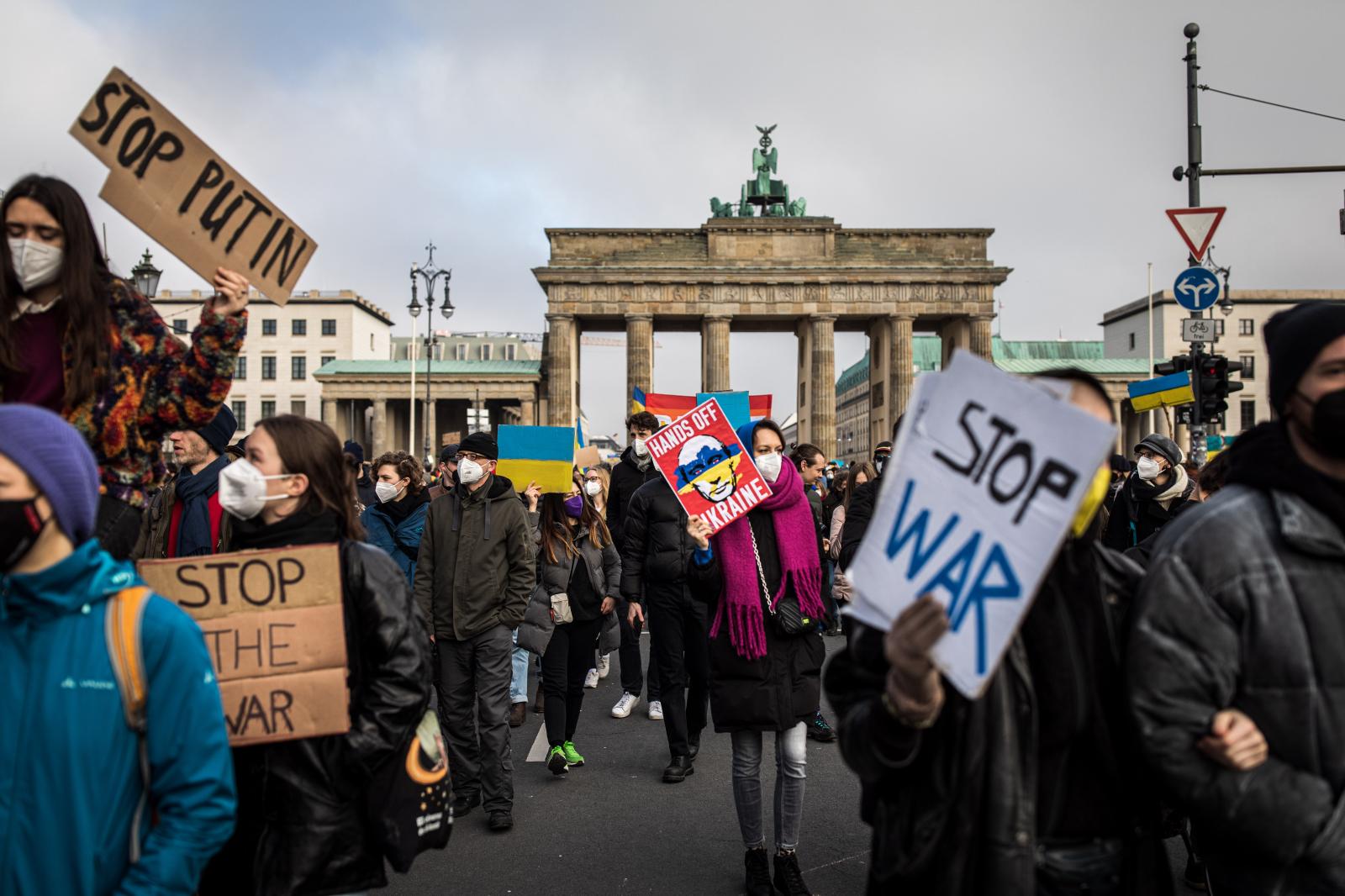 Demonstrators in front of Brand...in, Germany, 27. February 2022.