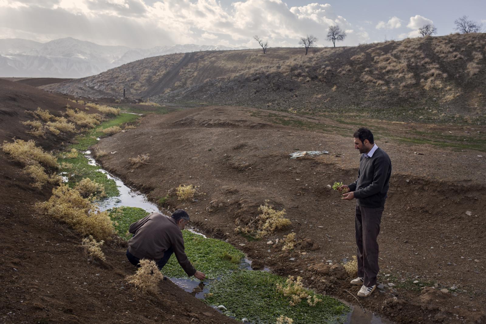 Iranian men stand along a canal... Iran on February 7, 2018. Iran