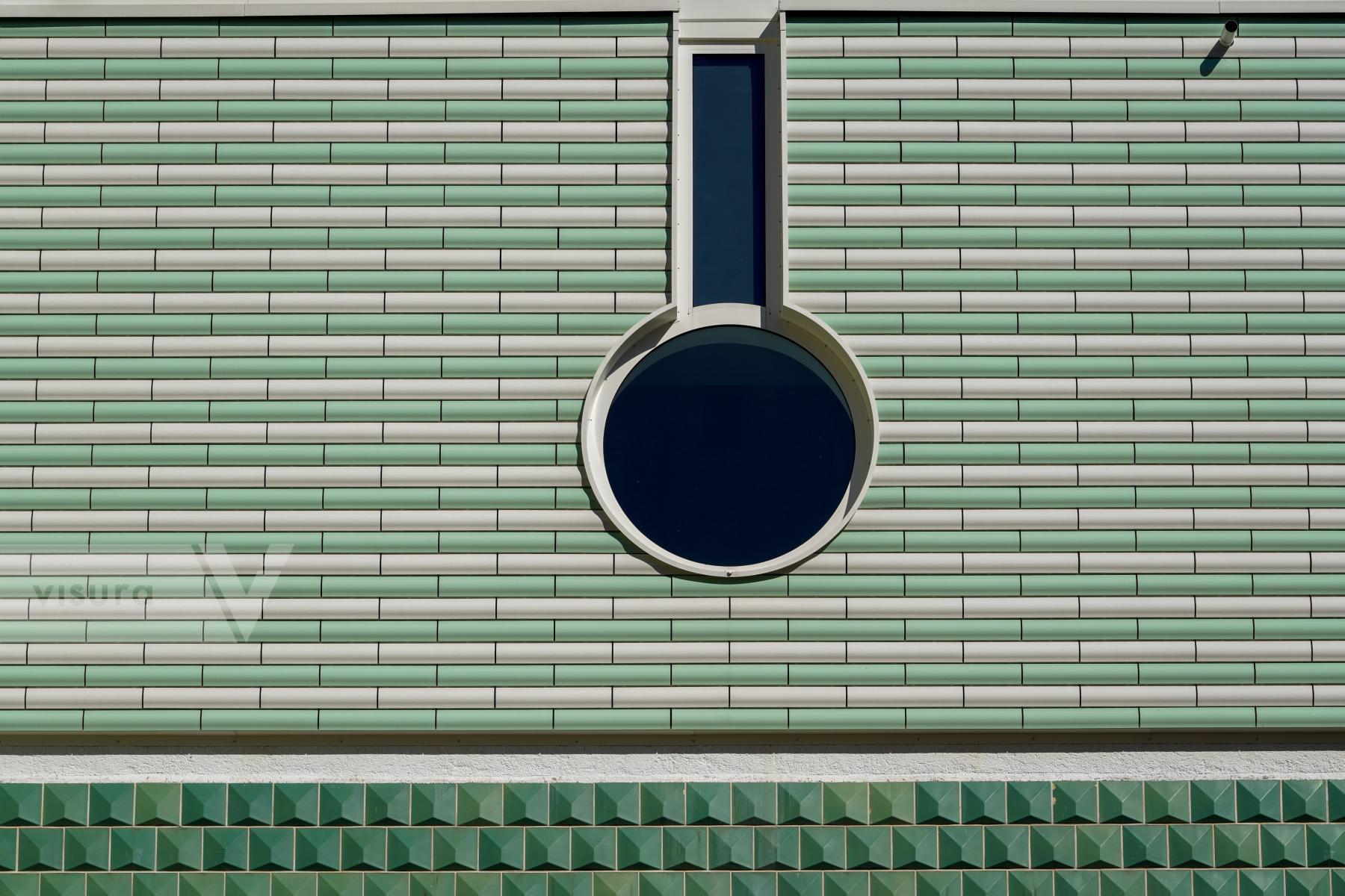 Purchase Geometry in Harmony: Circular Window on Tiled Facade by Michael Nguyen