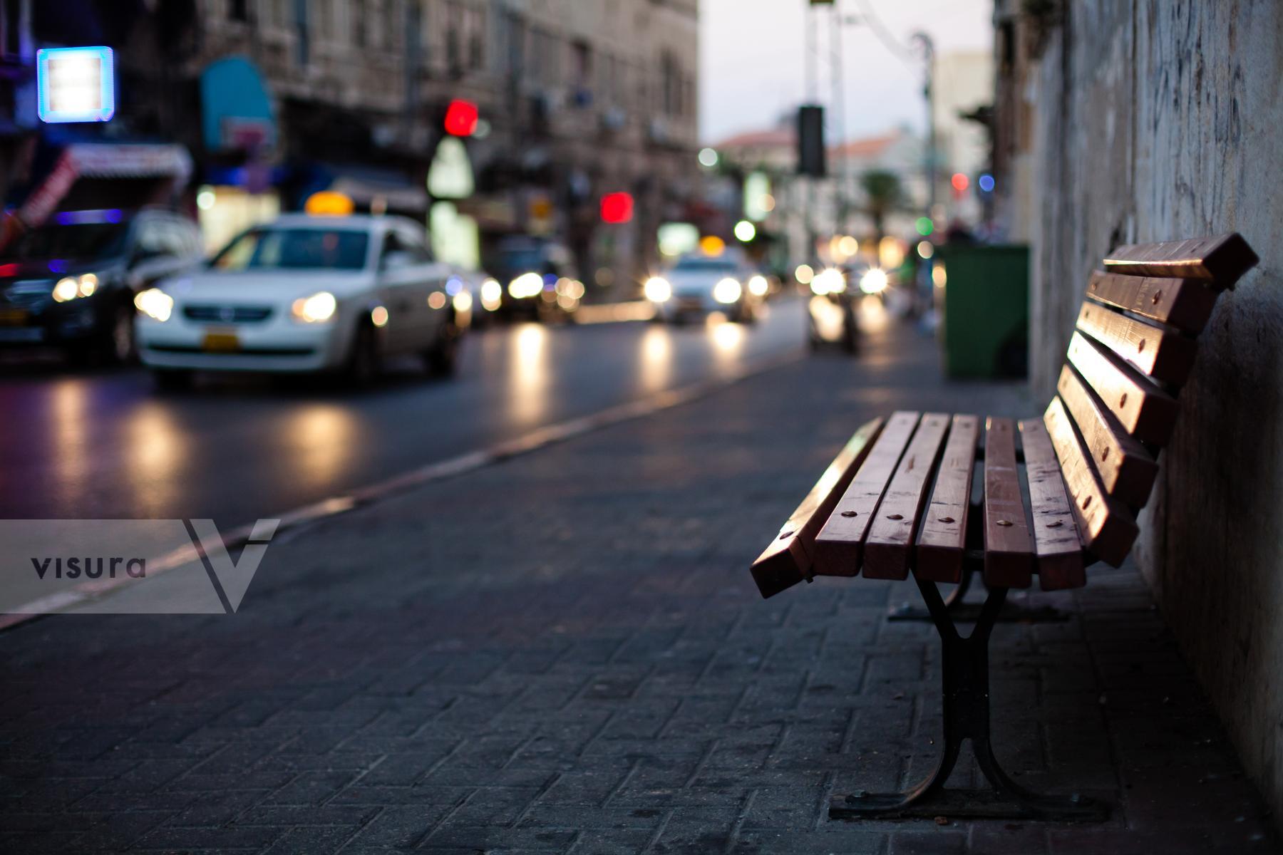 Purchase Evening traffic, empty bench by Victor Bezrukov